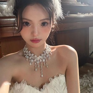 新款新娘锆石水钻项链耳环婚纱饰品结婚套链礼服项链韩式大气高级