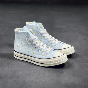 官网匡威帆布鞋1970s蓝色小雏菊刺绣小花复古高帮学生男女板鞋夏