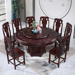 全实木餐桌椅组合中式仿古家用大圆桌带转盘橡木雕花10人吃饭桌子