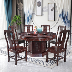 花梨木餐桌椅组合菠萝格木全实木仿古雕花家用10人桌带转盘大圆桌