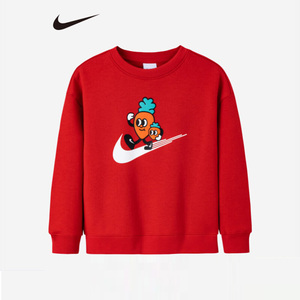nike耐克童装男女童加绒圆领卫衣2023兔年新年红色衣服儿童打底衫