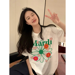 250克短袖女2024美式韩版设计感小雏菊花朵字母印花T恤宽松夏上衣