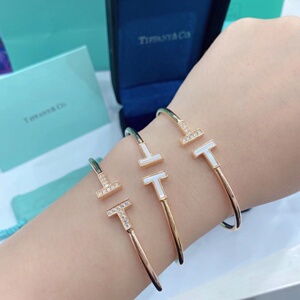 18k玫瑰金蒂芙尼手镯t1系列双t镶钻无钻宽窄版男女手环情侣