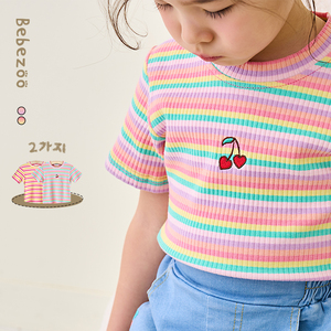 贝贝祖女童短袖t恤夏季彩虹条纹纯棉夏装女孩小宝宝修身洋气上衣