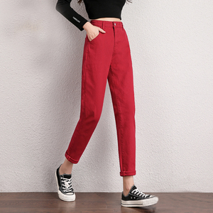 红色休闲裤女哈伦裤2024夏季薄款高腰直筒宽松显瘦弹力萝卜老爹裤
