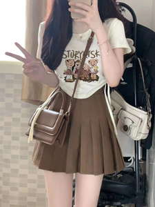 夏季新款韩版套装女学生绑带抽绳短袖t恤时尚百褶裙小个子两件套