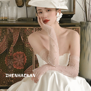 新款新娘结婚钉珠白色蕾丝手套旅拍摄影防晒网纱婚纱手套长款大气