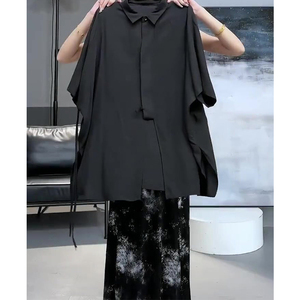 黑色设计感小众宽松绑带防晒衬衫女夏季法式中长款独特短袖上衣薄