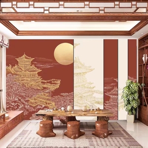现代中式徽派建筑阁楼沙发背景墙壁纸古风茶室餐厅火锅店墙纸壁画