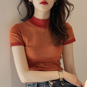 今年流行漂亮的橘红色条纹针织短袖T恤女夏季2024新款小香风上衣