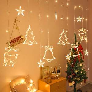 LED窗帘灯圣诞节日房间装饰彩灯创意小鹿铃铛圣诞树窗帘灯串