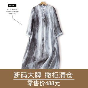 奥特莱斯大牌外贸出口意大利女夏装苎麻连衣裙中国风复古棉麻长裙
