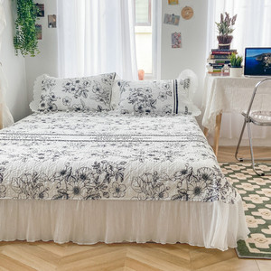 韩版四季通用夹棉床盖四件套公主风花边床罩加厚纯棉床单床上用品