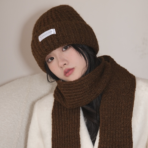 XIAOYE日系复古高级感针织帽秋冬焦糖色氛围感围巾套装女毛线帽子