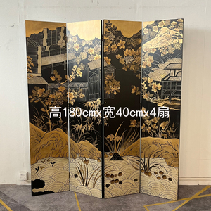 手绘黑色描金屏风漆画金箔画折叠移动隔断背景墙大师设计现代中式