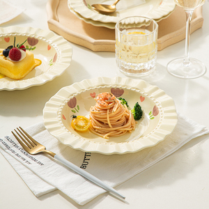 奶油风陶瓷盘子菜盘家用菜碟子餐盘深盘法式高级感餐具碗碟套装