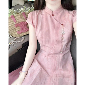 新中式天丝亚麻盘扣连衣裙女夏季国风改良版粉色旗袍两件套裙子