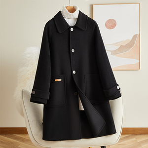 黑色双面羊绒大衣女中长款秋冬新款韩版宽松小个子毛呢外套
