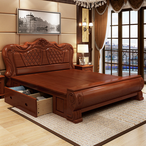 实木床1.8米双人床中式主卧高箱储物床雕花家具现代简约2米大床