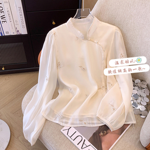 新中式国风白色刺绣花朵长袖衬衫女春装新款高级感小众设计雪纺衫