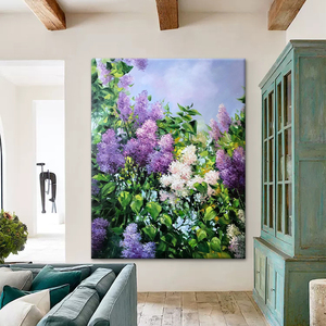 田园风花丛花卉手绘油画紫色薰衣草植物装饰画客厅挂画玄关肌理画