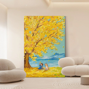 一金黄色银杏树肌理挂画客厅抽象秋天的风景手绘油画玄关装饰壁画