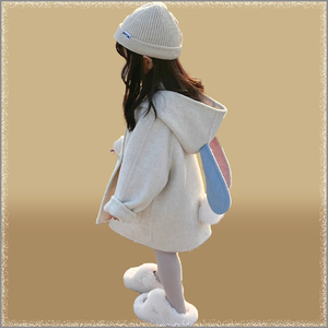 韩国童装2024秋冬新款女童双色兔子羊毛呢大衣女宝宝加厚毛呢外套