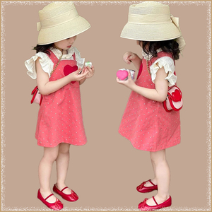 女童2024新款夏装套装洋气时髦儿童花边上衣爱心波点背带裙两件套