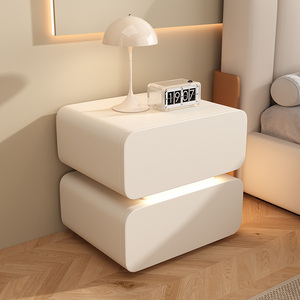 智能床头柜奶油风简约现代实木床头收纳柜卧室轻奢高级感床头柜子