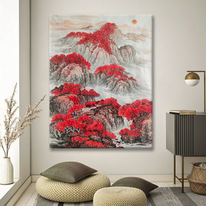 新中式鸿运当头手绘油画山水靠山国画客厅装饰画红色玄关肌理挂画