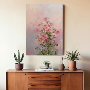 大芬油画村粉色玫瑰客厅手绘装饰画沙发背景墙餐厅高级感玄关挂画