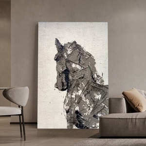 黑白高级灰骏马手绘油画后现代极简抽象装饰画客厅玄关立体肌理画