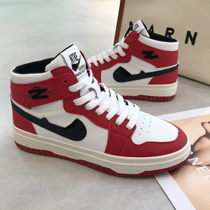 红色高帮鞋女厚底潮酷勾勾运动熊猫板鞋子女2022新款秋冬爆款百搭