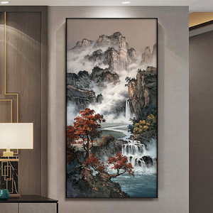 流水生财玄关手绘油画新中式高山流水装饰画山水风景客厅茶室挂画