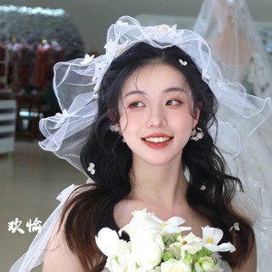 森系新娘头饰复古超仙花朵花环头纱发饰结婚影楼外景婚纱拍照配饰