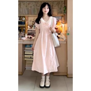 韩系复古少女感粉色连衣裙夏季新款甜美可爱宽松泡泡袖公主裙长裙