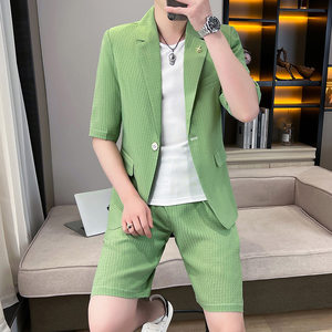 中袖西服套装男绿色格子发型师短裤小西装夏季新品薄款修身两件套