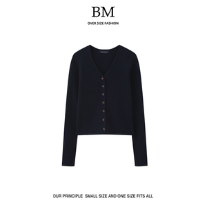BM Fashion 新款螺纹单排扣V领长袖针织衫bm短款修身开衫毛衣外套