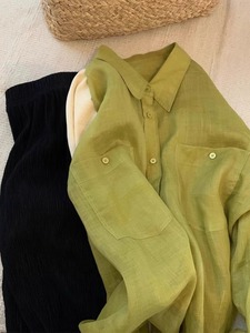 天丝亚麻芥末绿衬衫女薄款长袖2024年新款法式设计感小众防晒衬衣