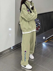 冠军彩虹绿色休闲运动服套装女秋冬季加绒加厚卫衣长裤跑步两件套