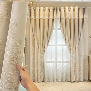 奶油色窗帘遮光卧室蕾丝双层带纱公主风客厅轻奢现代高级感遮阳布