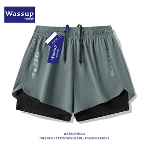 WASSUPHM夏季冰丝速干短裤男女宽松薄款三分裤假两件情侣运动裤子