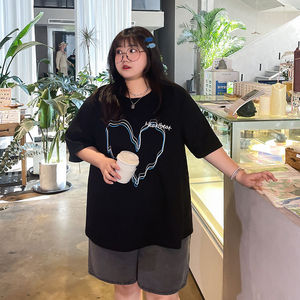 胖mm特大码300斤短袖t恤女夏季薄款原宿bf风学生宽松显瘦正肩上衣