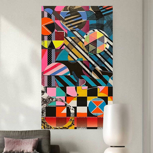 彩色方块手绘油画波普风几何拼接撞色装饰画客厅玄关个性创意挂画