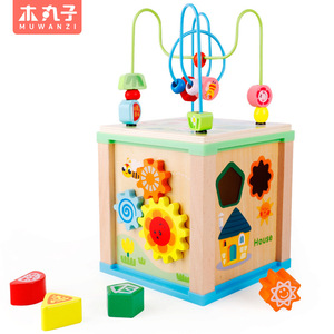 木丸子儿童木质多功能套柱绕珠百宝箱形状认知配对盒益智玩具