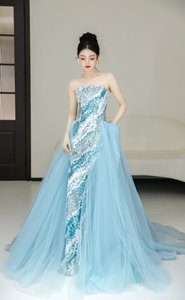 梦幻海洋蓝人鱼公主婚纱礼服2024新款新娘抹胸亮片修身仙奢鱼尾裙