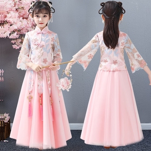 巴拉巴柆韩系女童儿童汉服春夏中式复古公主裙长袖中国风旗袍唐装