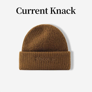 Current Knack首席设计师原创猫咪字母刺绣羊毛毛线帽女冬针织帽