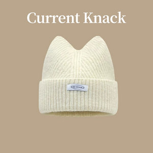 Current Knack首席设计师原创可爱猫耳毛线帽女冬贴布针织护耳帽