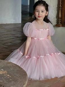 俊妈童装女童儿童夏装粉色海洋网纱裙短袖连衣裙洋气公主裙礼服裙